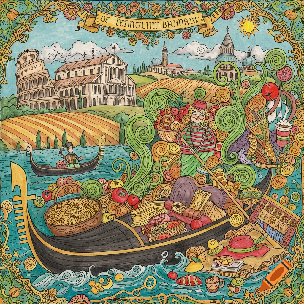 Whimsical illustration of an Italian landscape with gondolas, landmarks, and overflowing food, in a coloring book style.