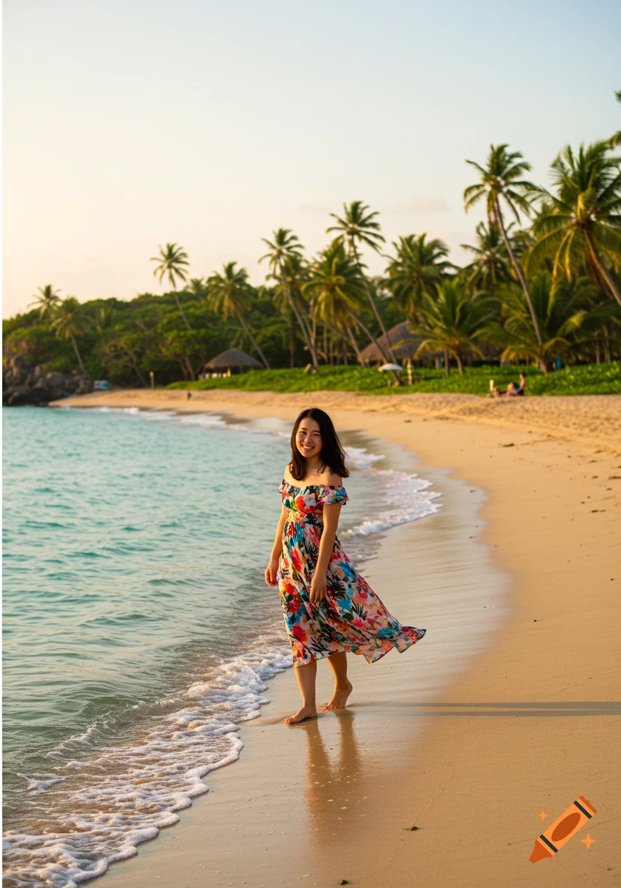A woman in a colorful floral dress walks barefoot along a tropical beach with palm trees at sunset.