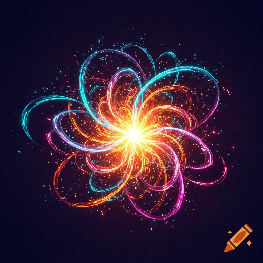 A vibrant, swirling abstract form of light and energy emanating from a bright center, with colorful neon lines and sparks.