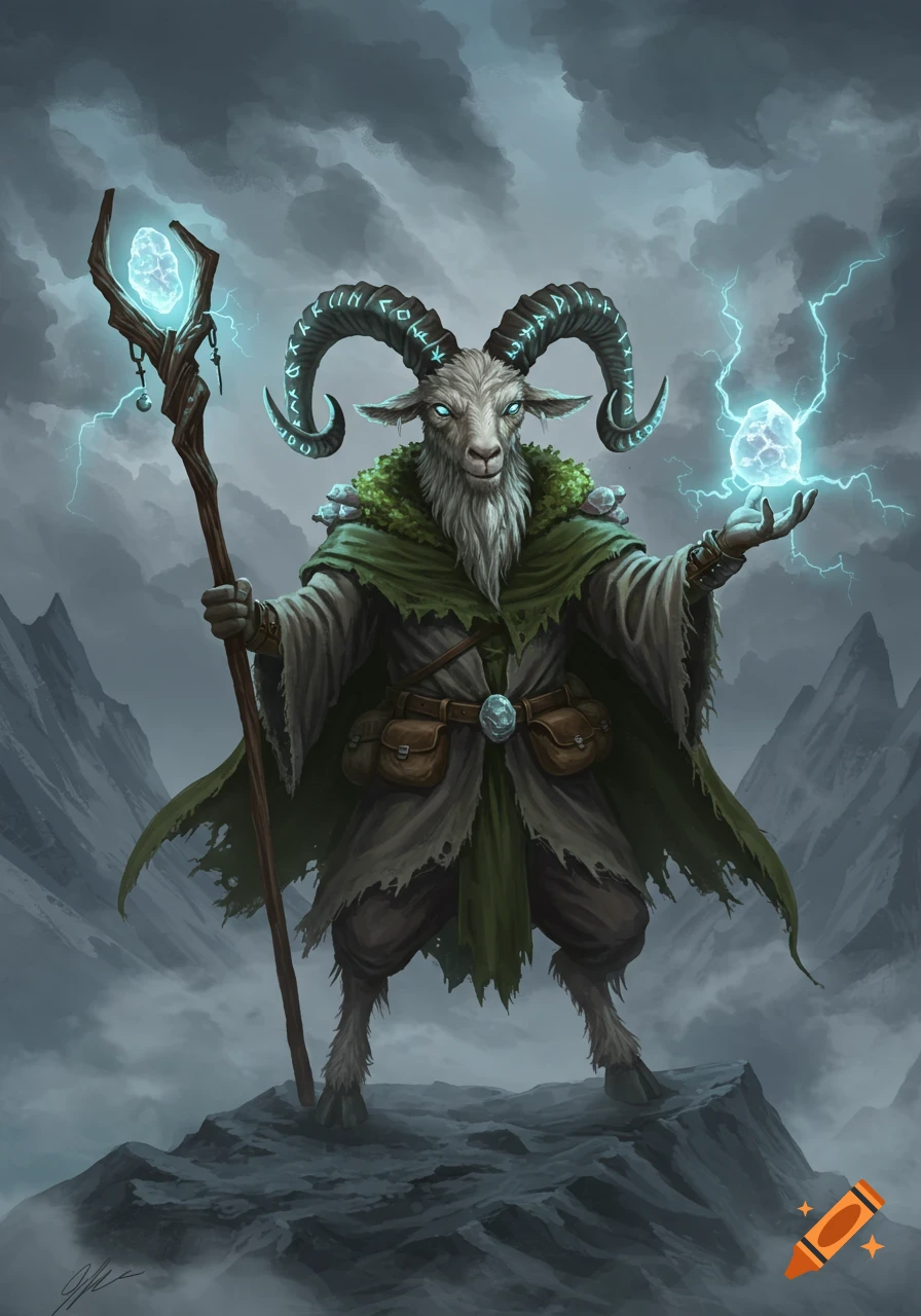 A majestic goat wizard with glowing eyes and runic horns stands on a mountain peak, holding a staff and conjuring lightning.