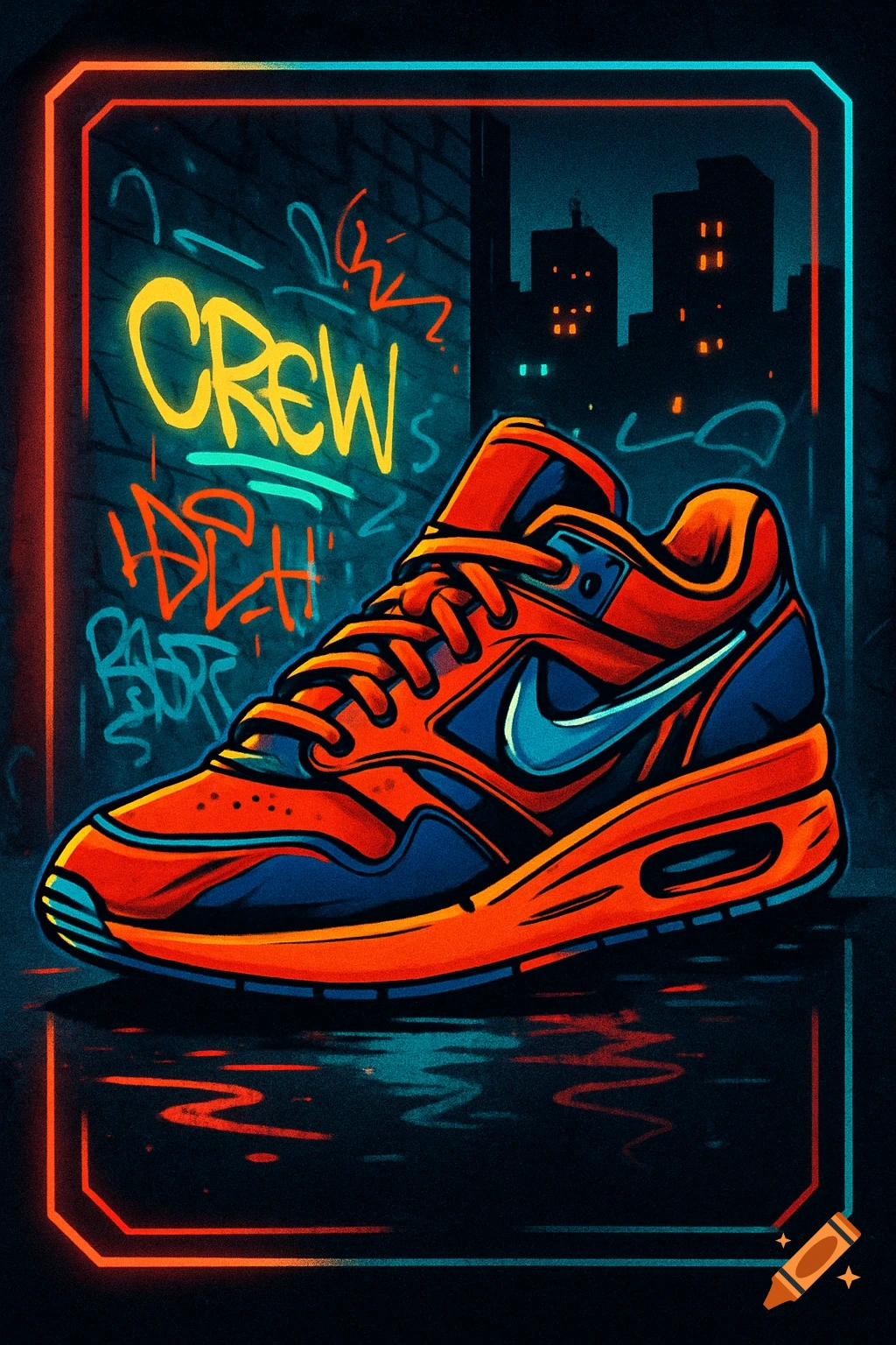 A vibrant, neon-lit illustration of an orange and blue sneaker on a dark urban street with graffiti, framed by a glowing border.