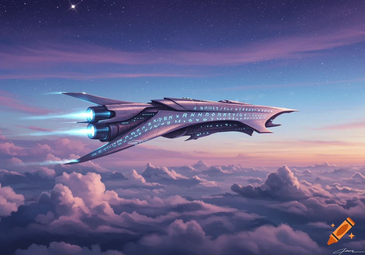 A futuristic spaceship with glowing blue symbols flies above purple and pink clouds at sunset.