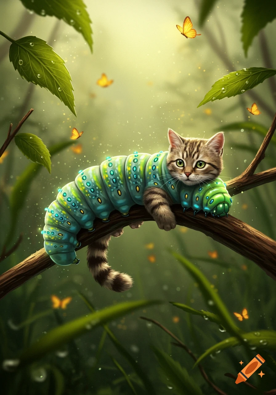 A whimsical tabby cat with a green and blue caterpillar body rests on a branch in a magical forest with butterflies.
