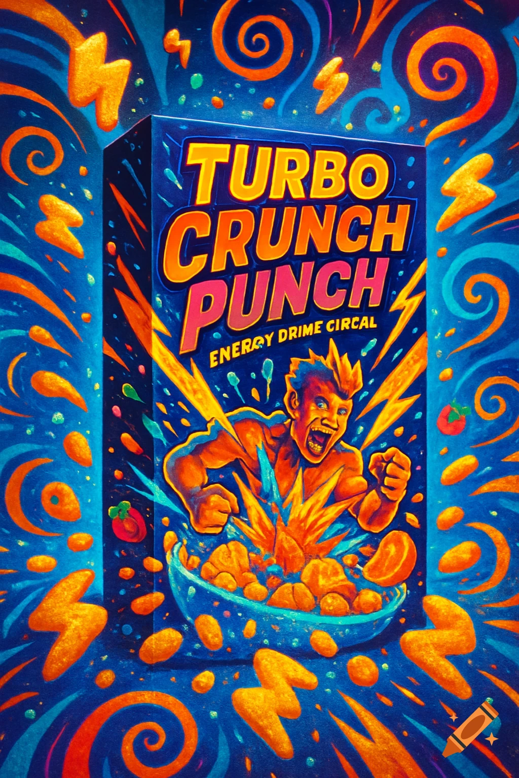 Vibrant illustration of a cereal box for "TURBO CRUNCH PUNCH" with an energetic character bursting out of the box into a bowl of cereal, surrounded by lightning bolts and swirls.