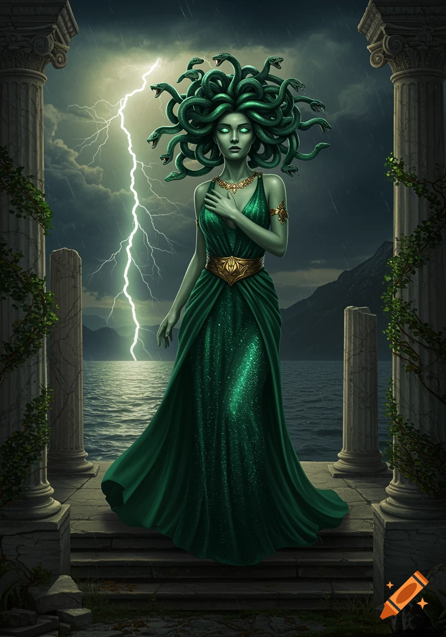 Medusa, with green skin and snakes for hair, stands in a shimmering green dress between ancient columns overlooking a stormy sea with lightning.