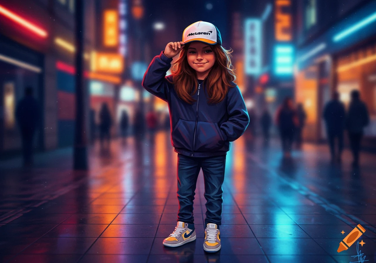 Stylized young girl in dark jacket, jeans, and a white McLaren baseball cap on a wet neon-lit city street at night.