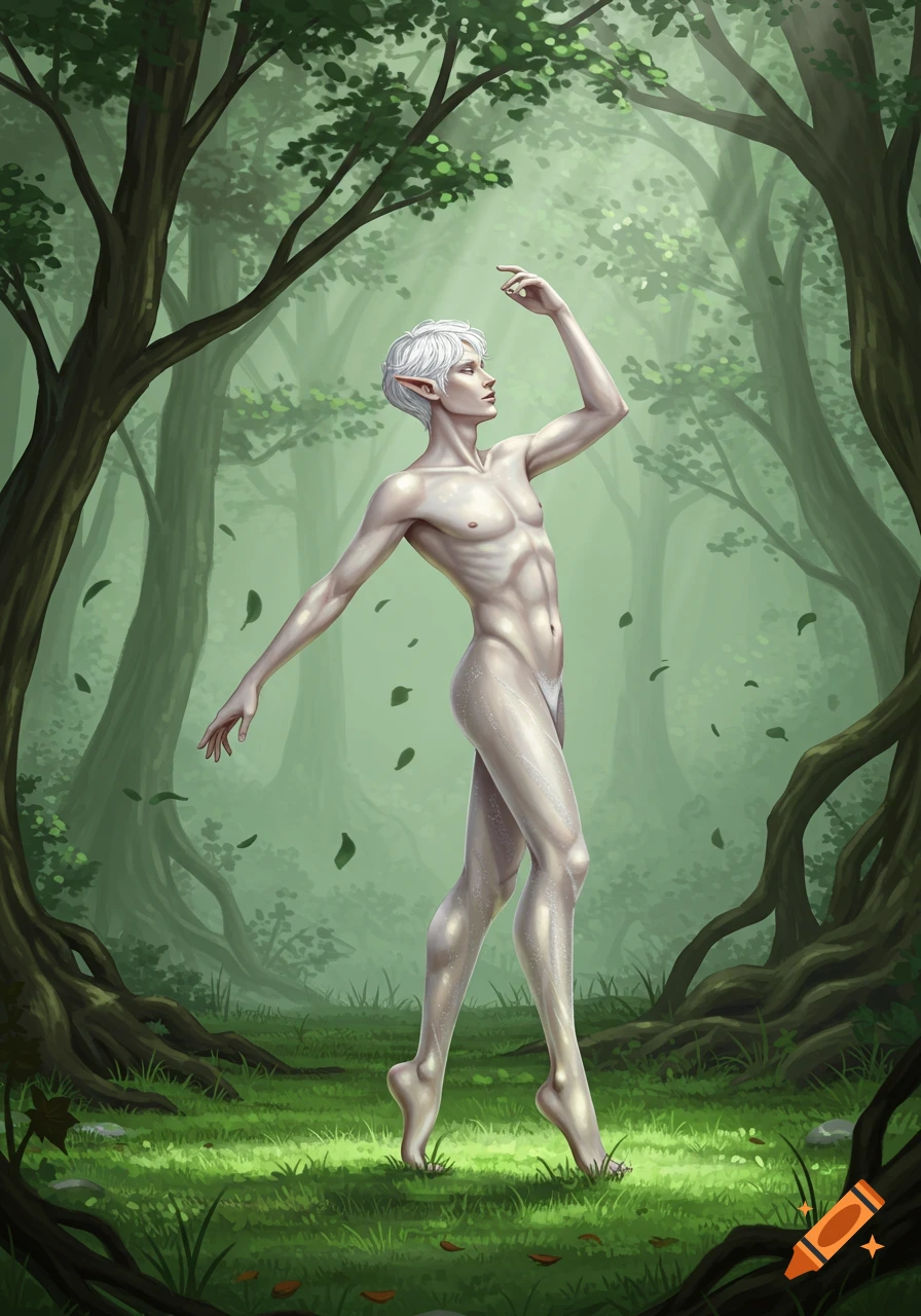 A graceful, shirtless male elf with white hair in sheer white tights stands in a sunlit forest among green trees and falling leaves, digital art.