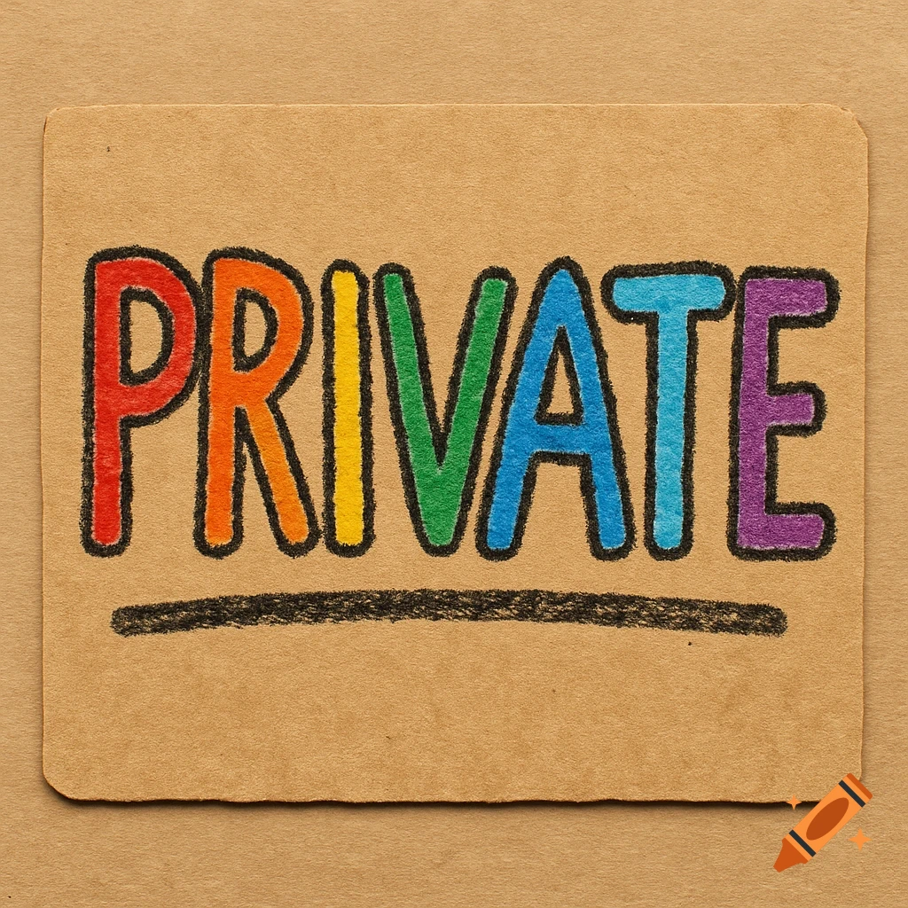 A colorful crayon drawing of the word "PRIVATE" on a brown cardboard sign.
