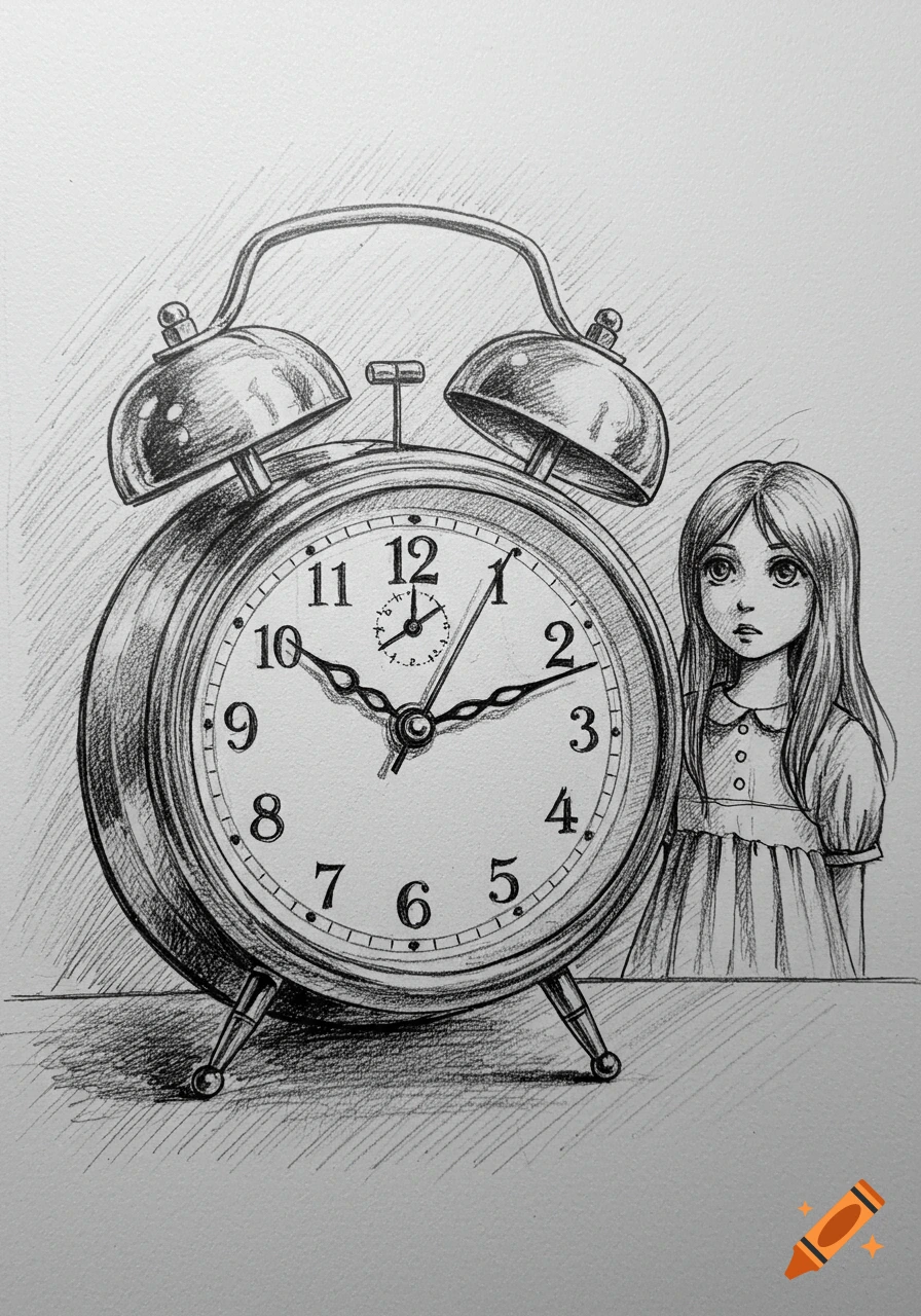 Black and white sketch of a large alarm clock next to a small girl with long hair, looking up.