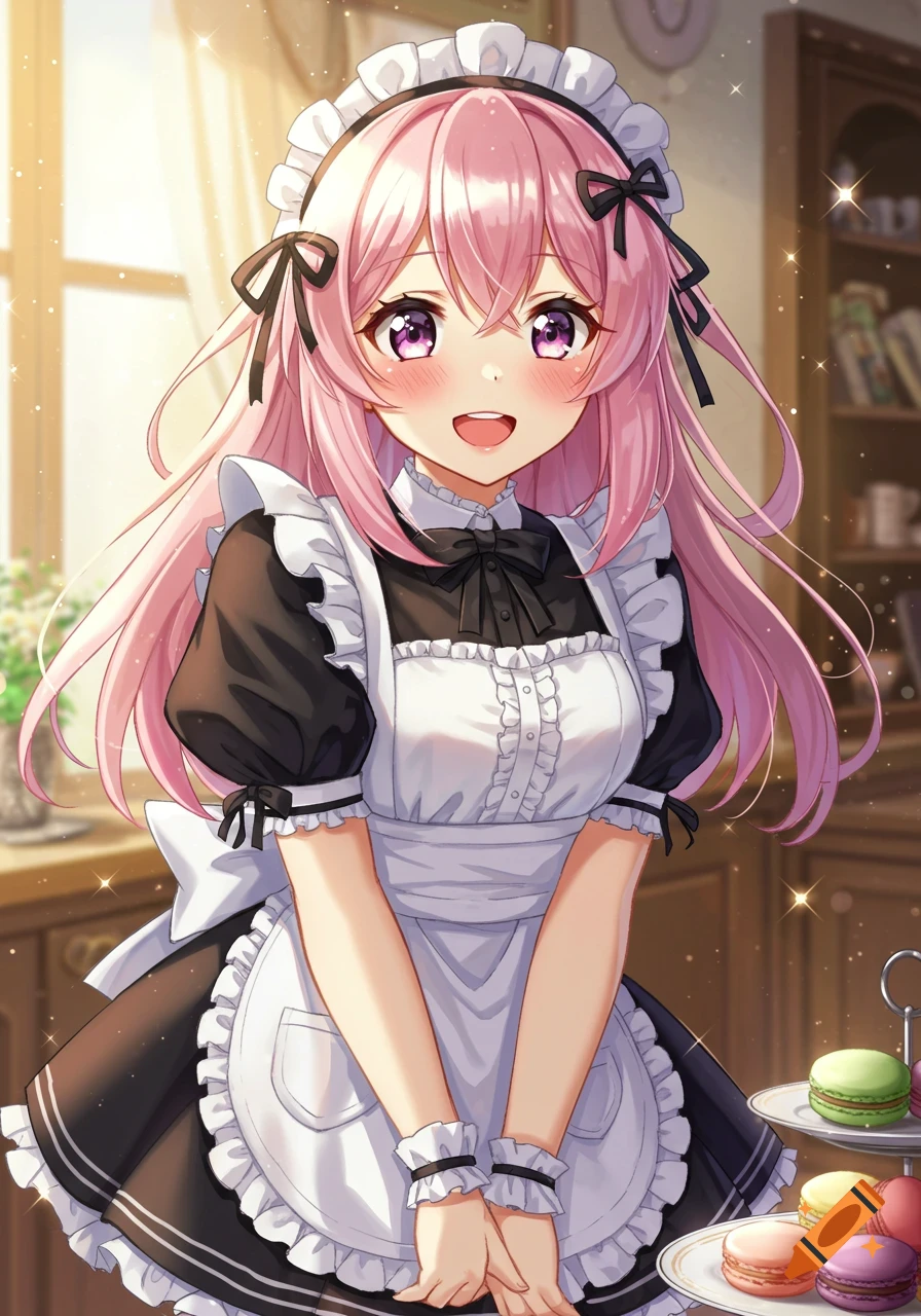 A cute anime maid with pink hair and rosy cheeks smiles, wearing a black and white uniform, with macarons nearby.