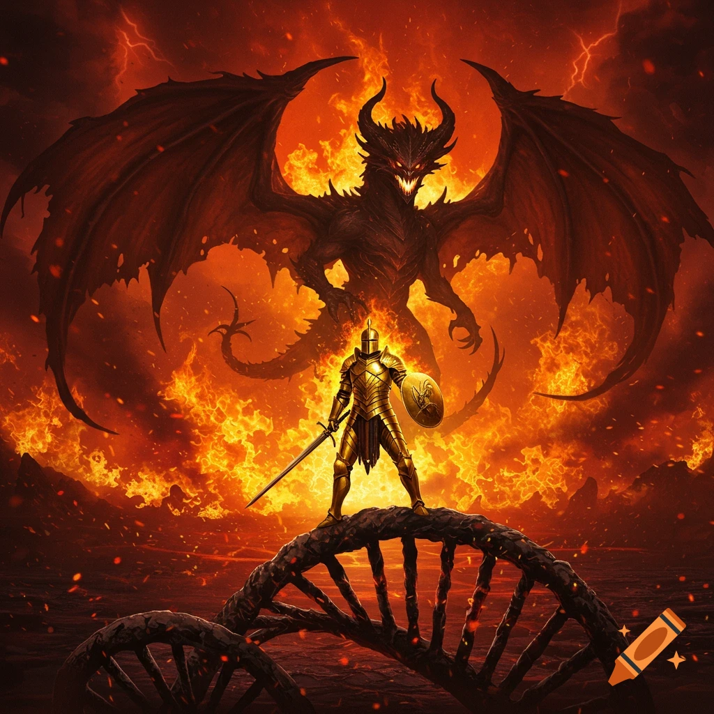 A golden knight stands on a giant DNA strand, facing a large black dragon amidst a fiery, hellish landscape.