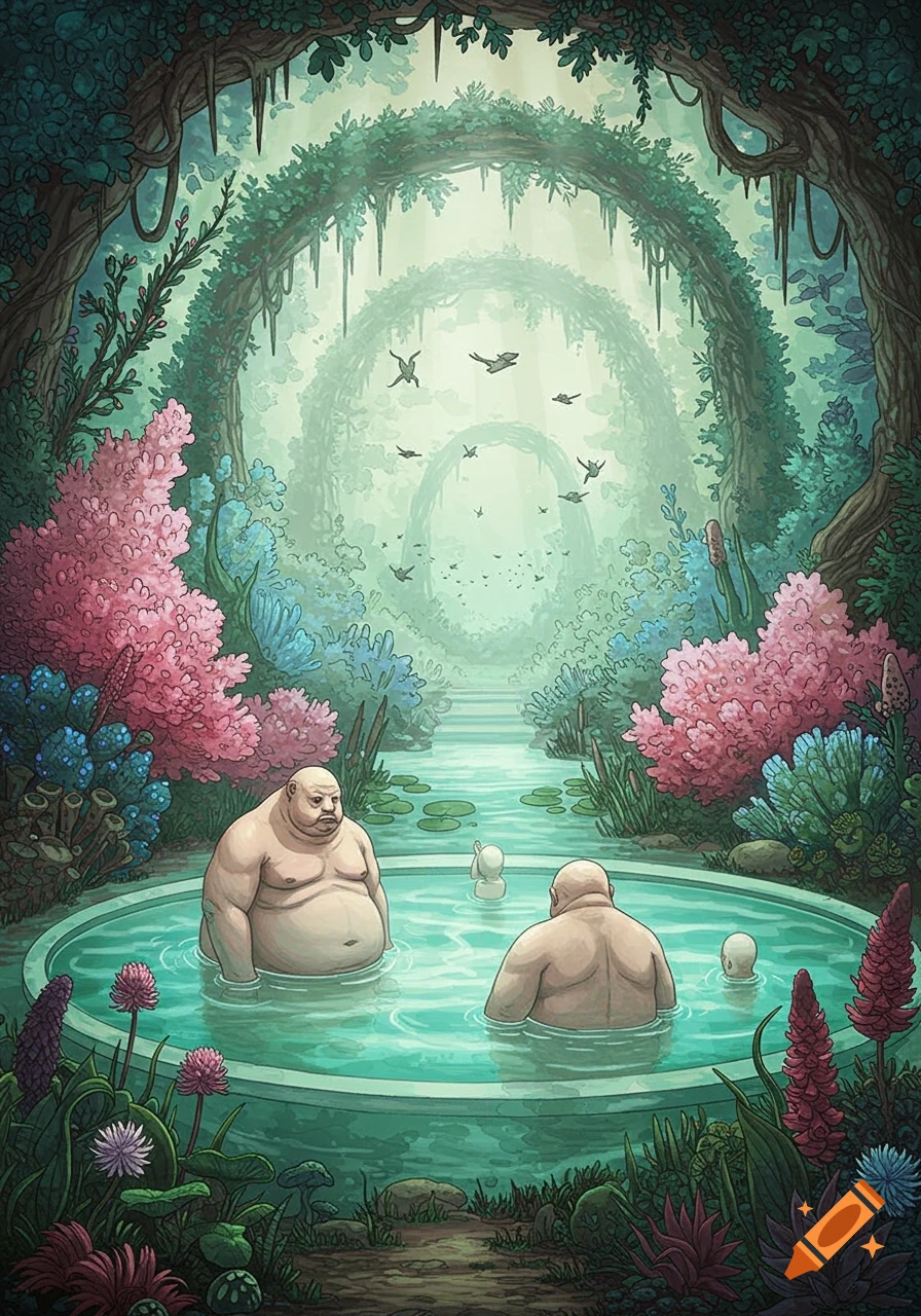Two large, bald men bathe in a round pool surrounded by lush, colorful plants and arching trees in a fantastical illustration.