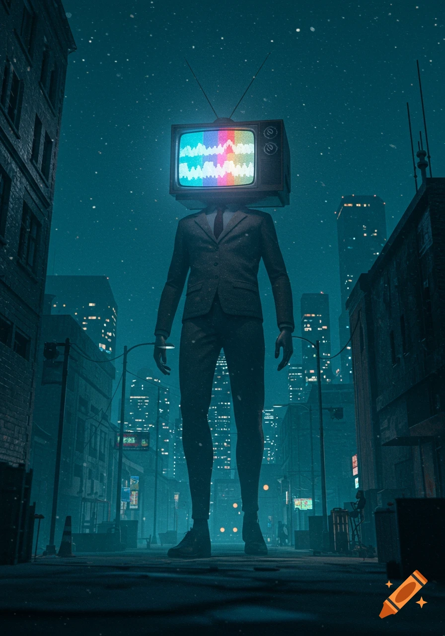 A tall, slender figure with an old TV head displaying colorful static stands on a dark, snowy city street at night amidst glowing skyscrapers.