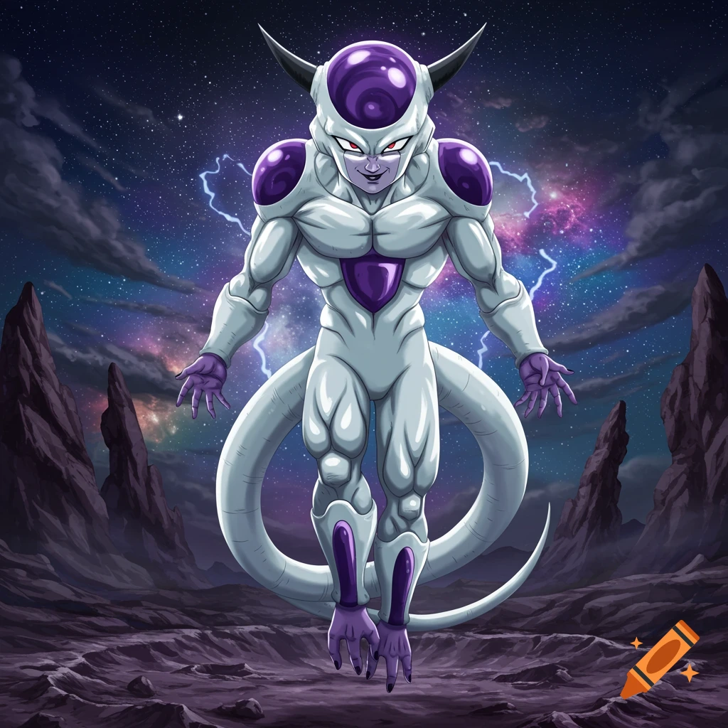 Frieza, an alien character from Dragon Ball, floats on a rocky planet under a stormy cosmic sky.