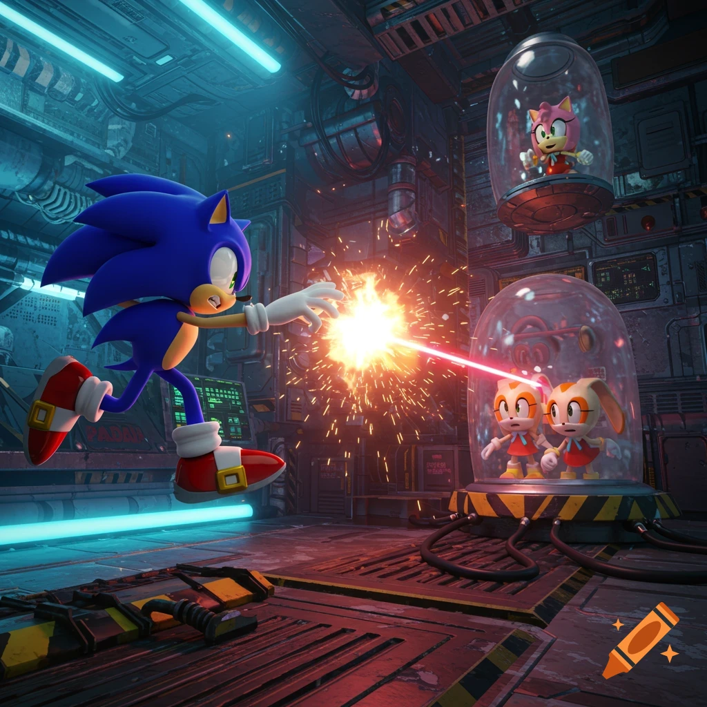 Sonic the Hedgehog shoots a laser beam in a futuristic sci-fi lab, as Amy and Cream are trapped in glass capsules.