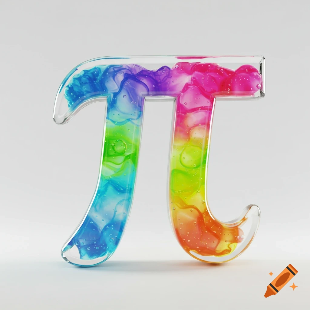 Hyperrealistic close-up of a clear glass Pi symbol sculpture filled with swirling, colorful iridescent liquid on a white background.