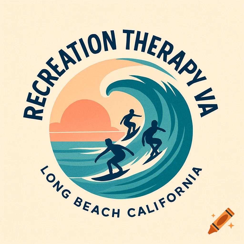 Logo with three surfers riding large waves at sunset, with text 'RECREATION THERAPY VA LONG BEACH CALIFORNIA' around the circle.