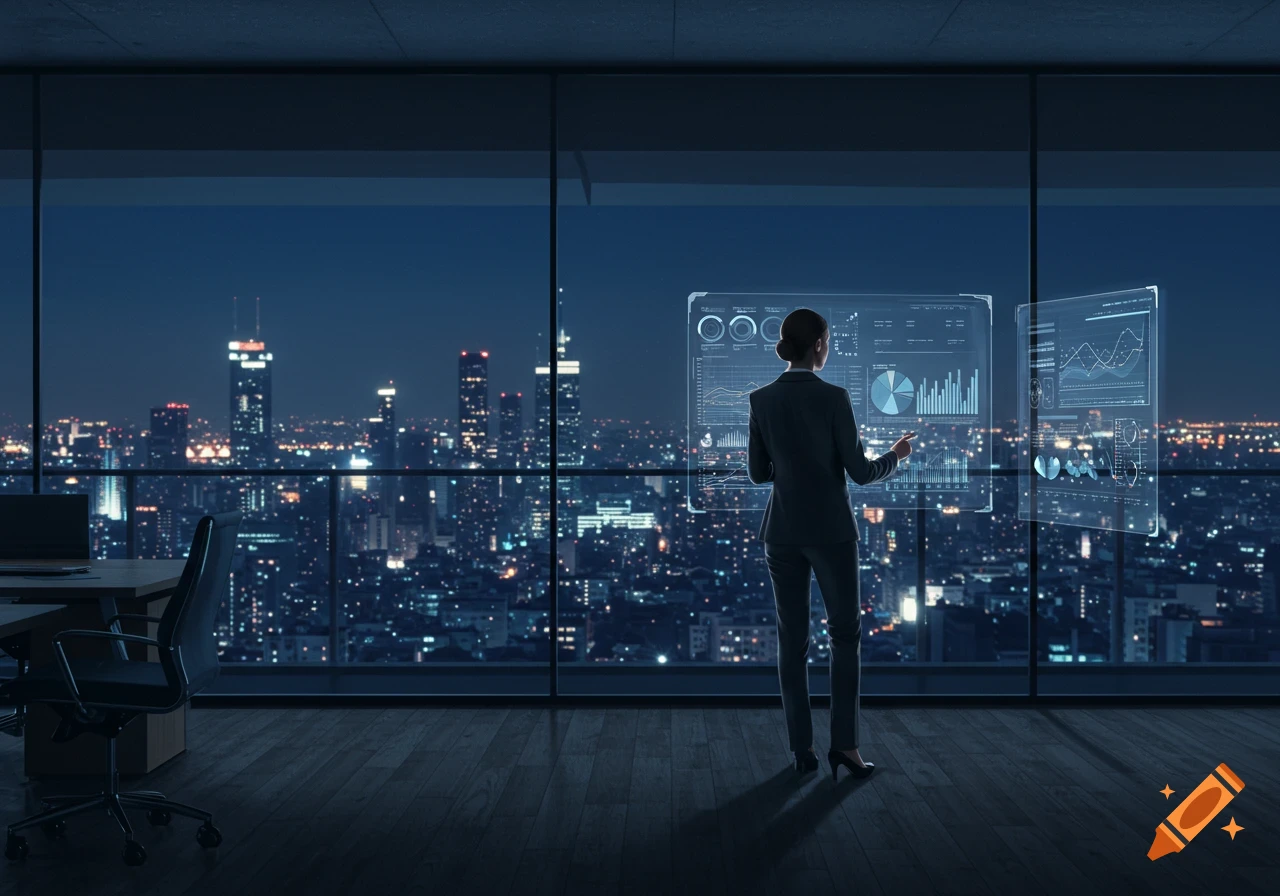 Photorealistic image of a businesswoman viewing interactive holographic data displays in a modern office overlooking a city skyline at night.