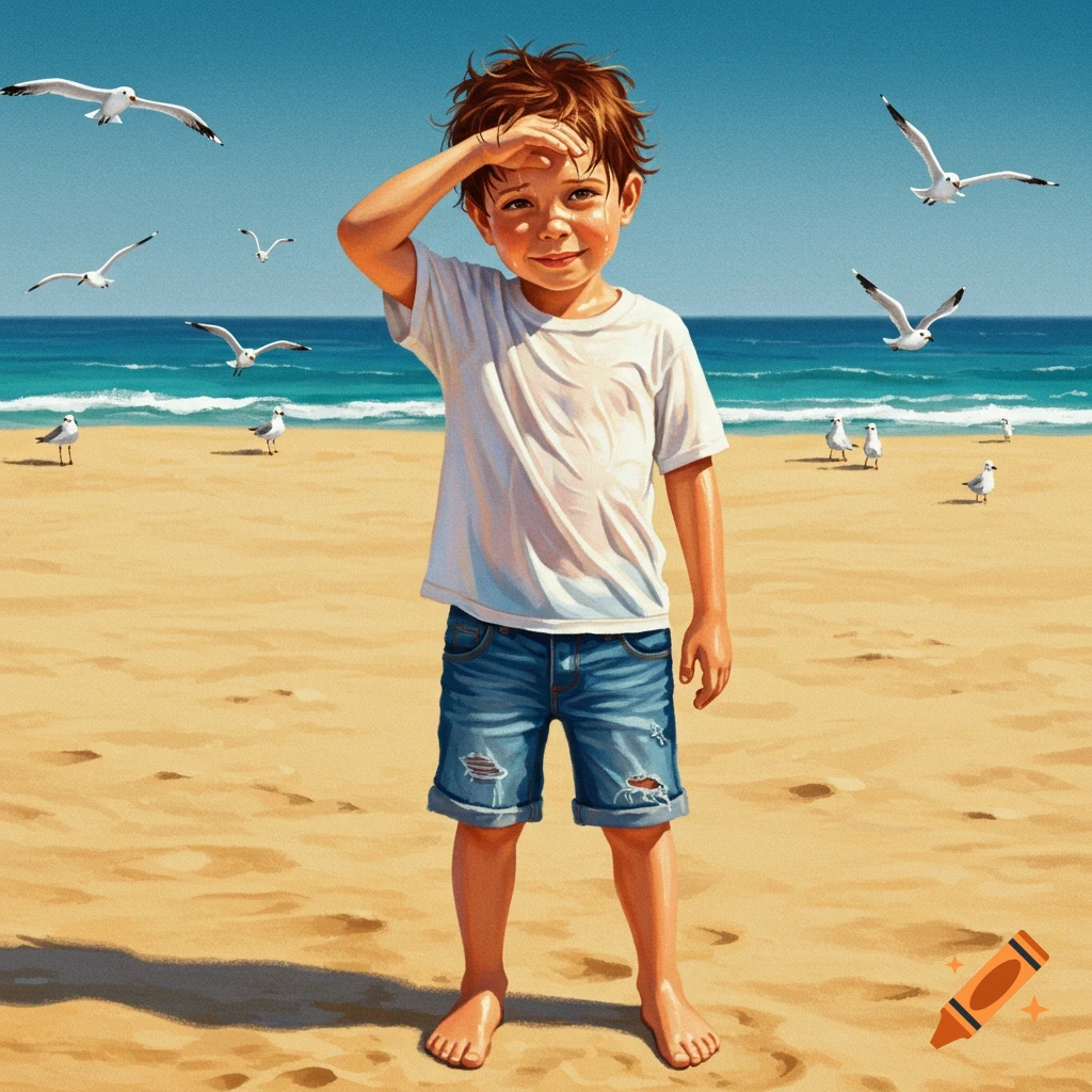 A young boy stands on a sunny beach, shielding his eyes, with seagulls flying over the ocean in the background. Digital art.