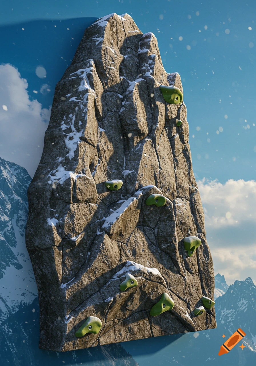 A photorealistic hangboard shaped like a snowy mountain with green climbing holds against a blue sky and distant peaks.