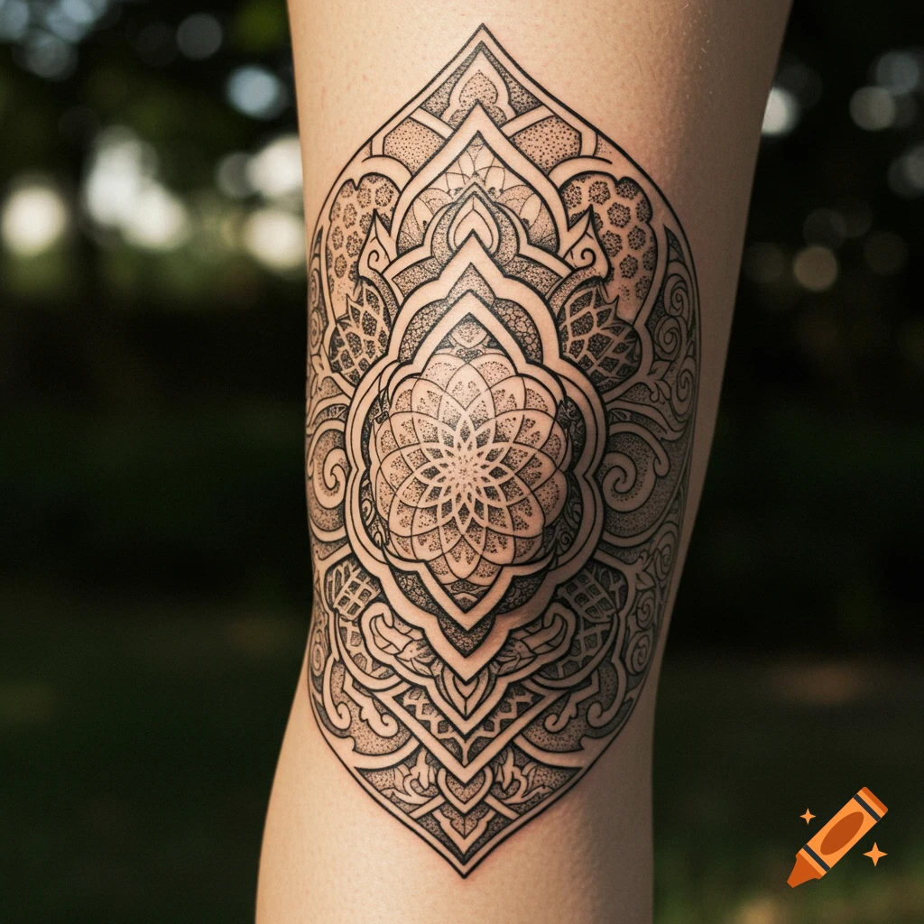 A close-up of an intricate black and white geometric mandala tattoo on a person's leg.
