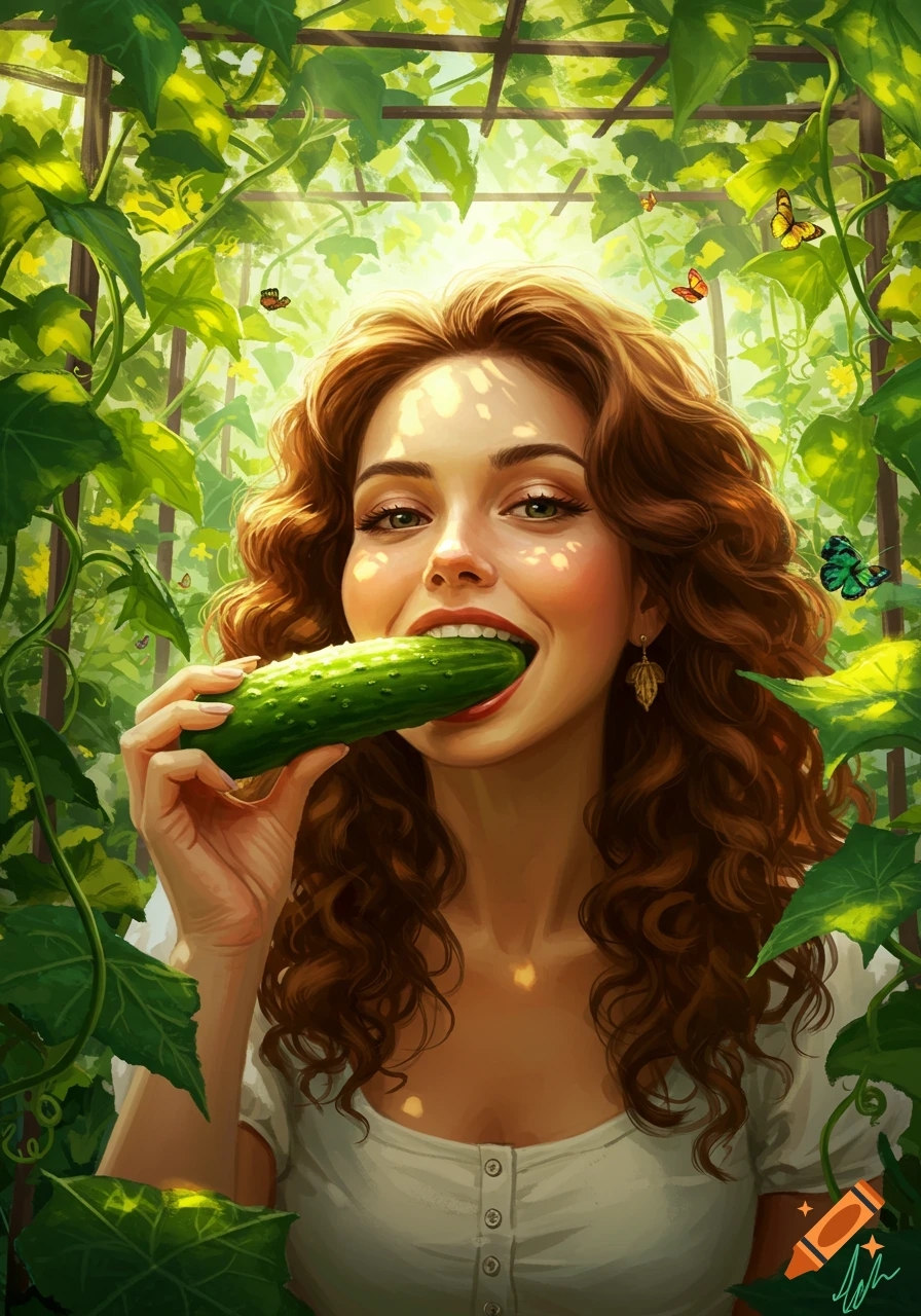 A vibrant digital illustration of a young woman happily biting into a fresh cucumber in a sun-dappled green garden with butterflies.