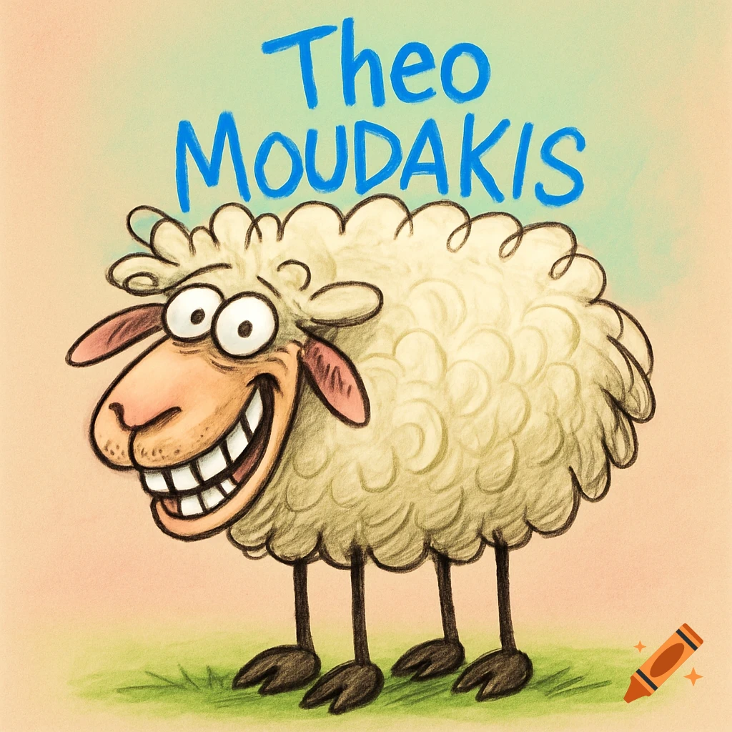 A cartoon sheep with a wide, toothy grin and large eyes, with the blue text "Theo Moudakis" written above it.