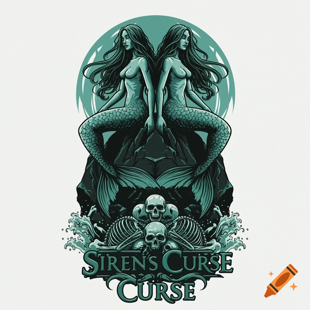 A stylized teal and black logo featuring two mermaids sitting back-to-back on a rock, with skulls and skeletons at the base amidst waves, and the text "SIREN'S CURSE CURSE" below.