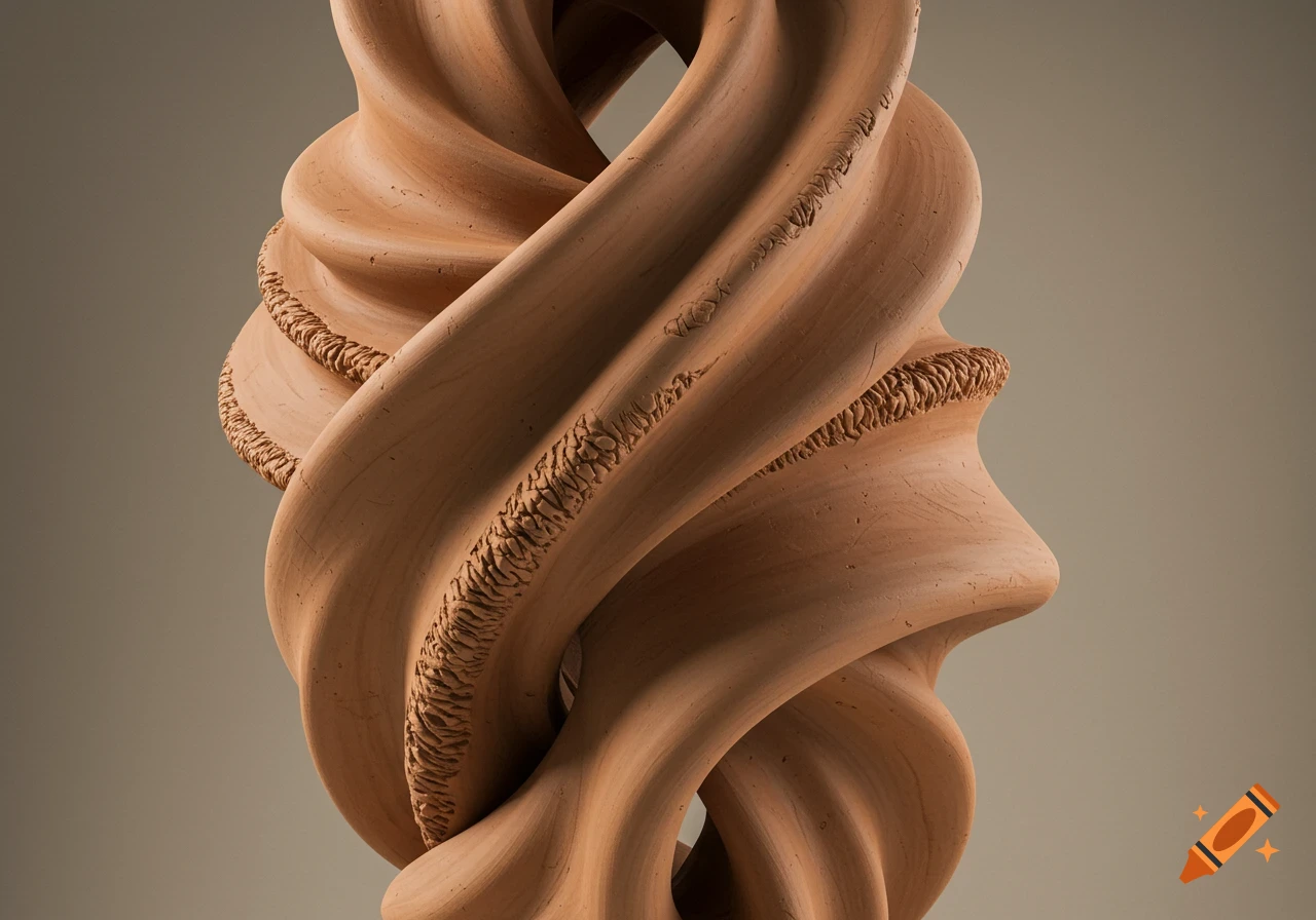 A close-up of a tall, twisting sculpture made of reddish-brown terracotta clay with both smooth and rough, textured surfaces.