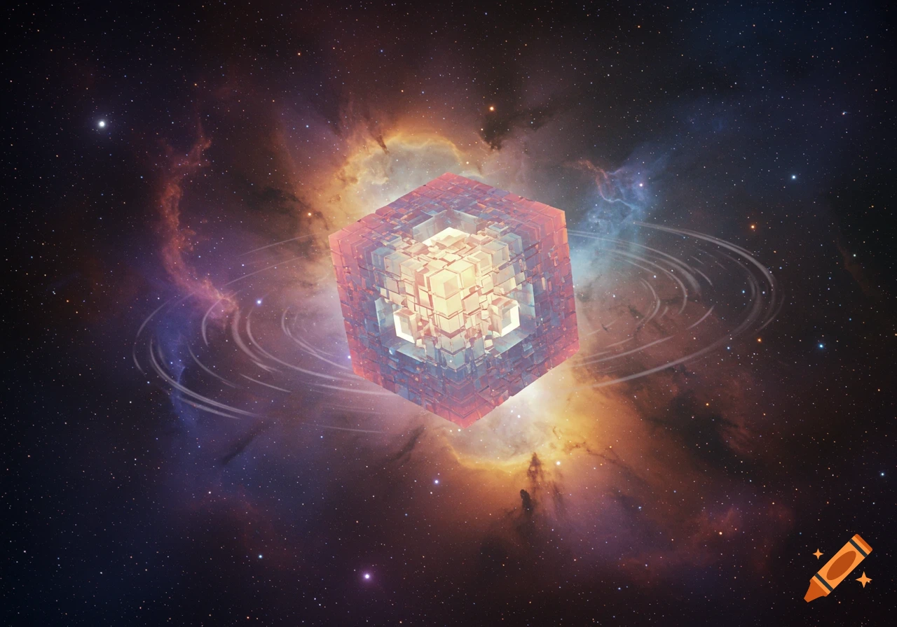 A large, glowing, multi-layered cubic structure floats amidst colorful nebulas and stars in deep space.