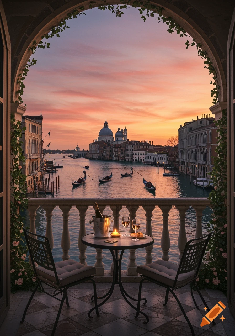 Photorealistic view from a balcony over Venice's Grand Canal at sunset, with gondolas and historic buildings.
