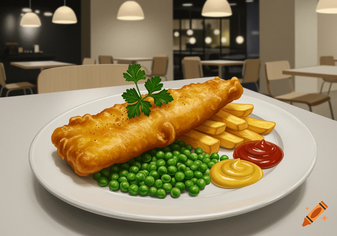 A realistic plate of fish and chips with peas, ketchup, and mustard on a table in an IKEA restaurant.