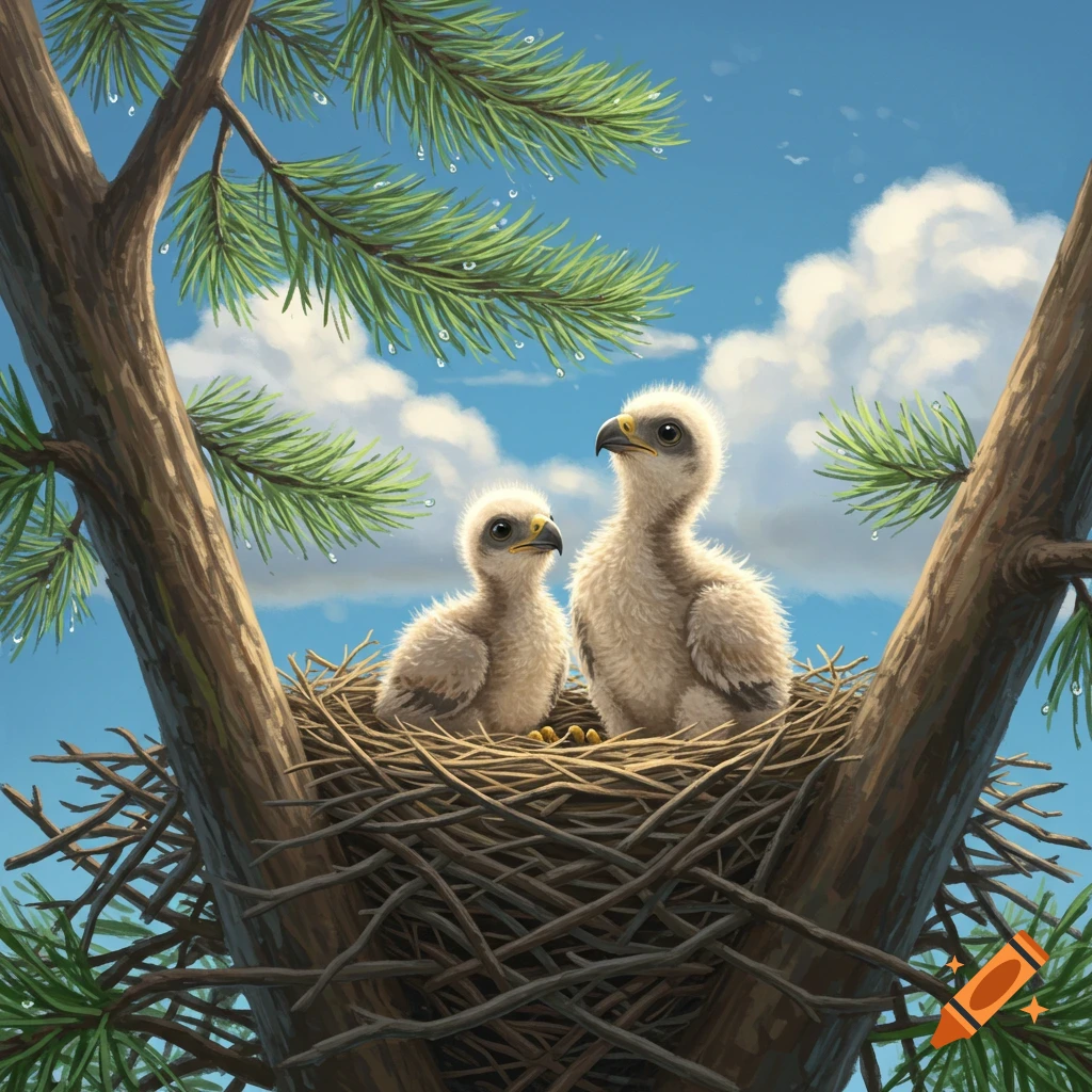 Two fluffy baby eagles sit in a large stick nest nestled between tree branches with pine needles and water droplets against a blue sky.