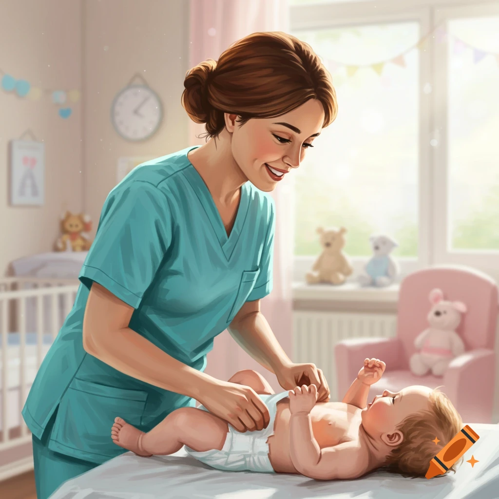 A smiling nurse in teal scrubs changes a baby's diaper on a changing table in a brightly lit nursery.