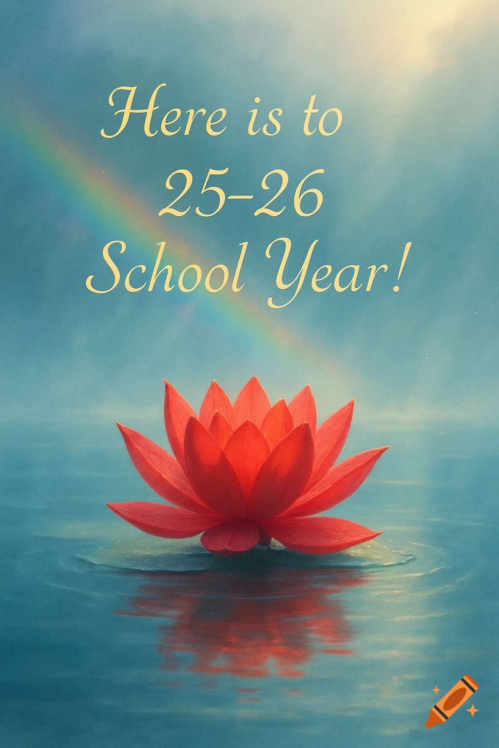 A vibrant red lotus floats on serene water with a rainbow arching overhead and text: Here is to 25-26 School Year!