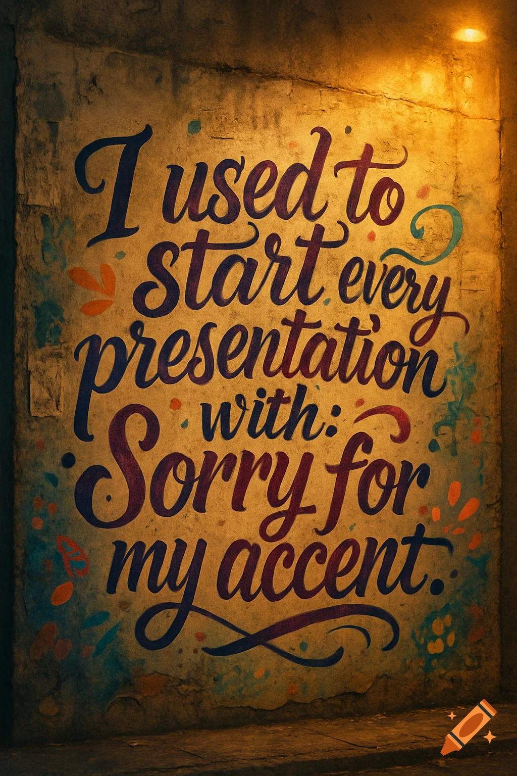 A stylized quote "I used to start every presentation with: Sorry for my accent." hand-lettered on a worn street wall under a warm light.