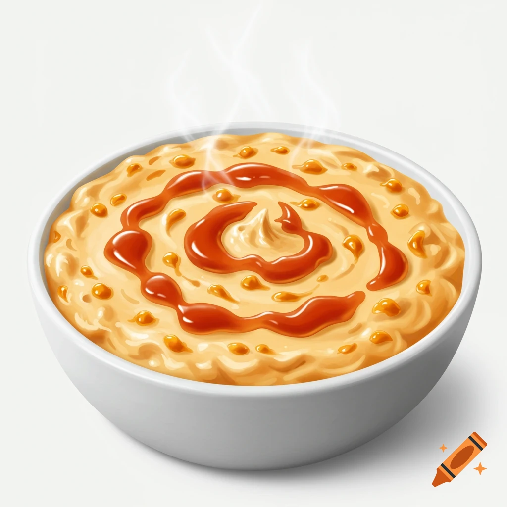 A bowl of creamy yellow food with swirled red sauce and small round toppings, with steam rising.