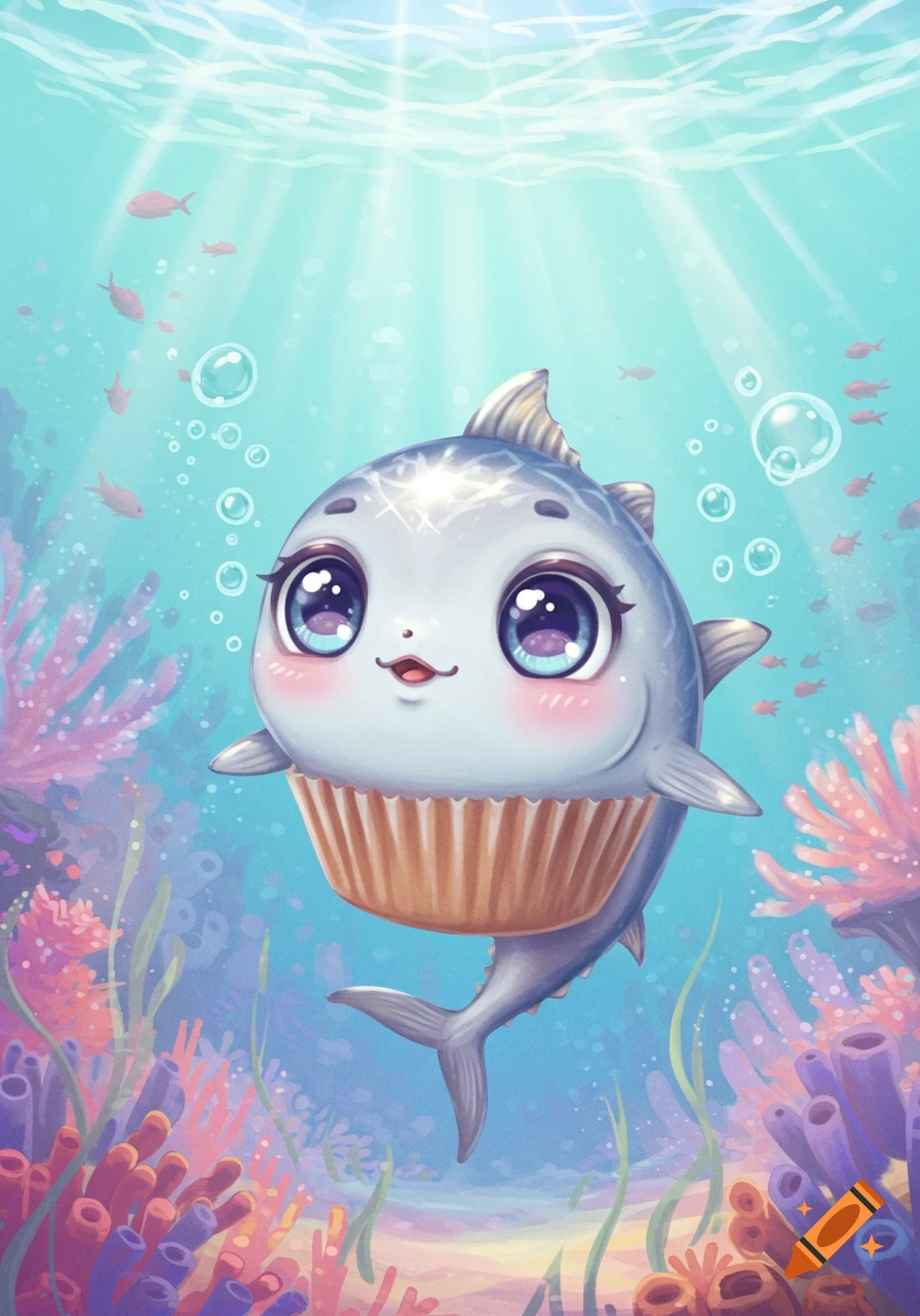 A cute, big-eyed anime fish with a cupcake wrapper body swims in a vibrant underwater scene with coral.