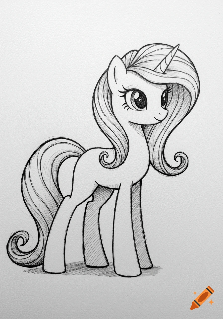 A black and white sketch of a stylized My Little Pony-like unicorn standing in side profile with one front hoof slightly raised.