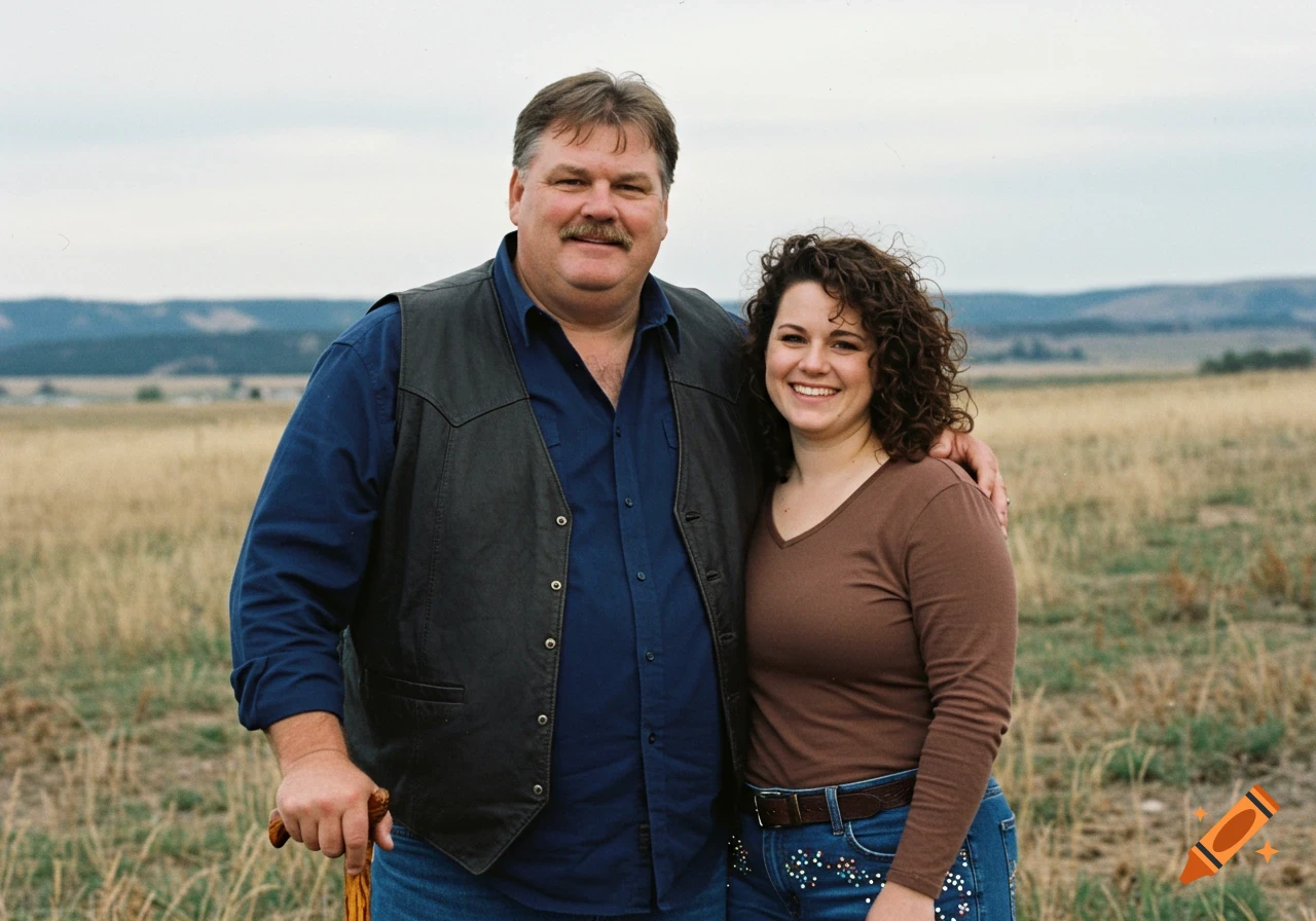 A man in a vest holding a cane and a woman with curly hair stand smiling in a field with hills in the background. Photorealistic.