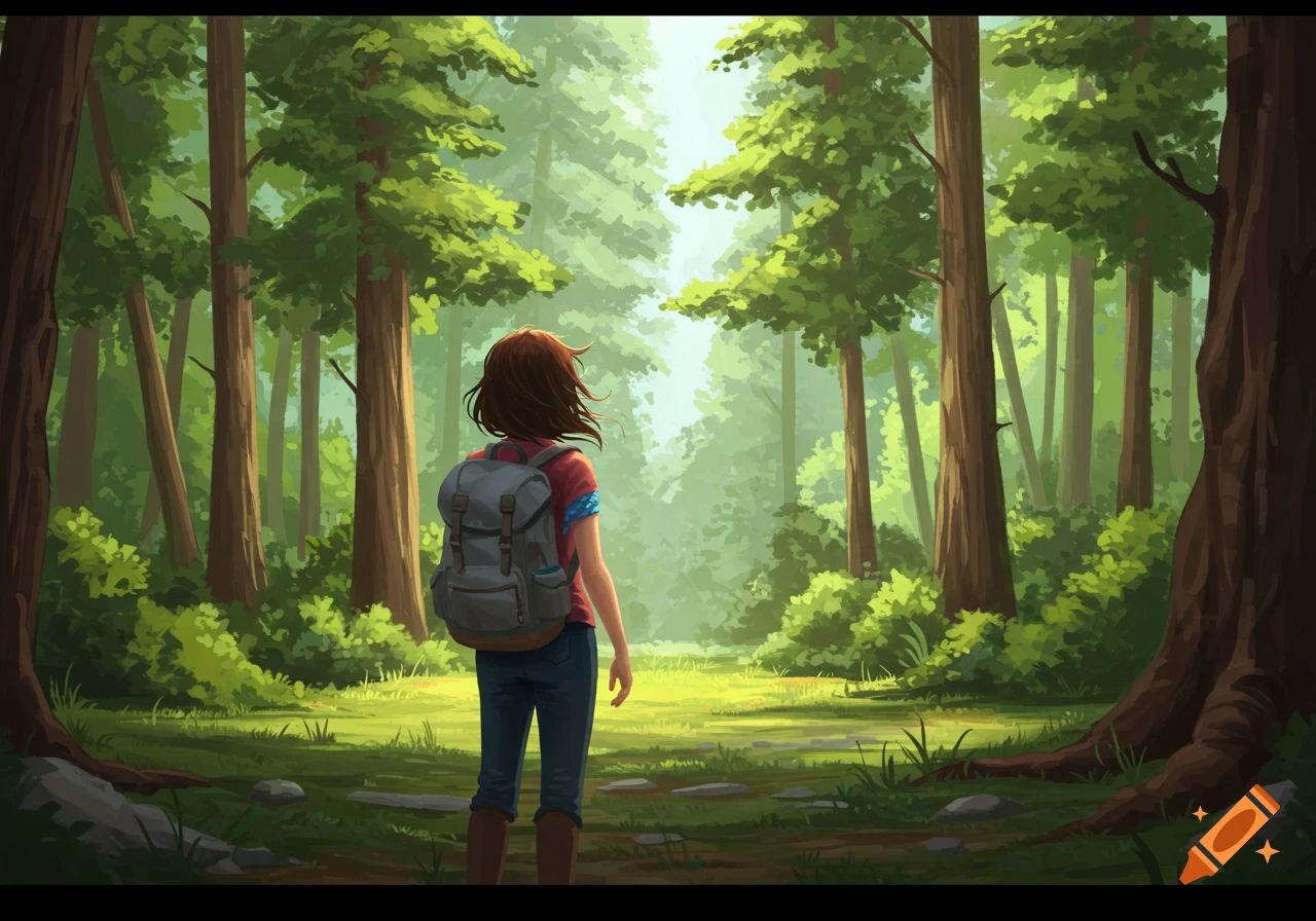A young woman with a backpack stands facing a lush, green forest with sunlight filtering through the trees, in an illustrative style.