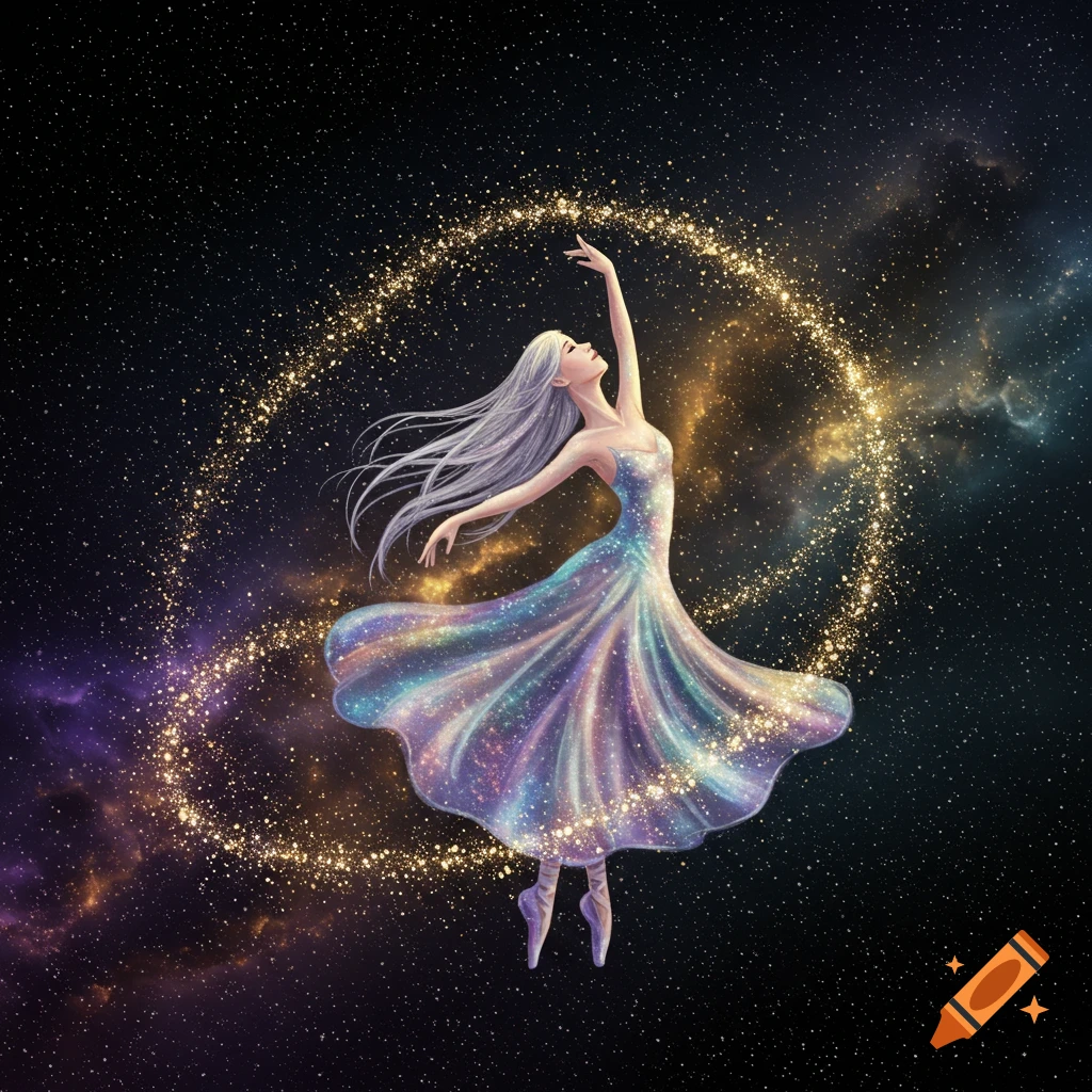 An ethereal dancer with long white hair in a colorful, flowing gown, gracefully moving amidst a shimmering circle of golden stars in space.