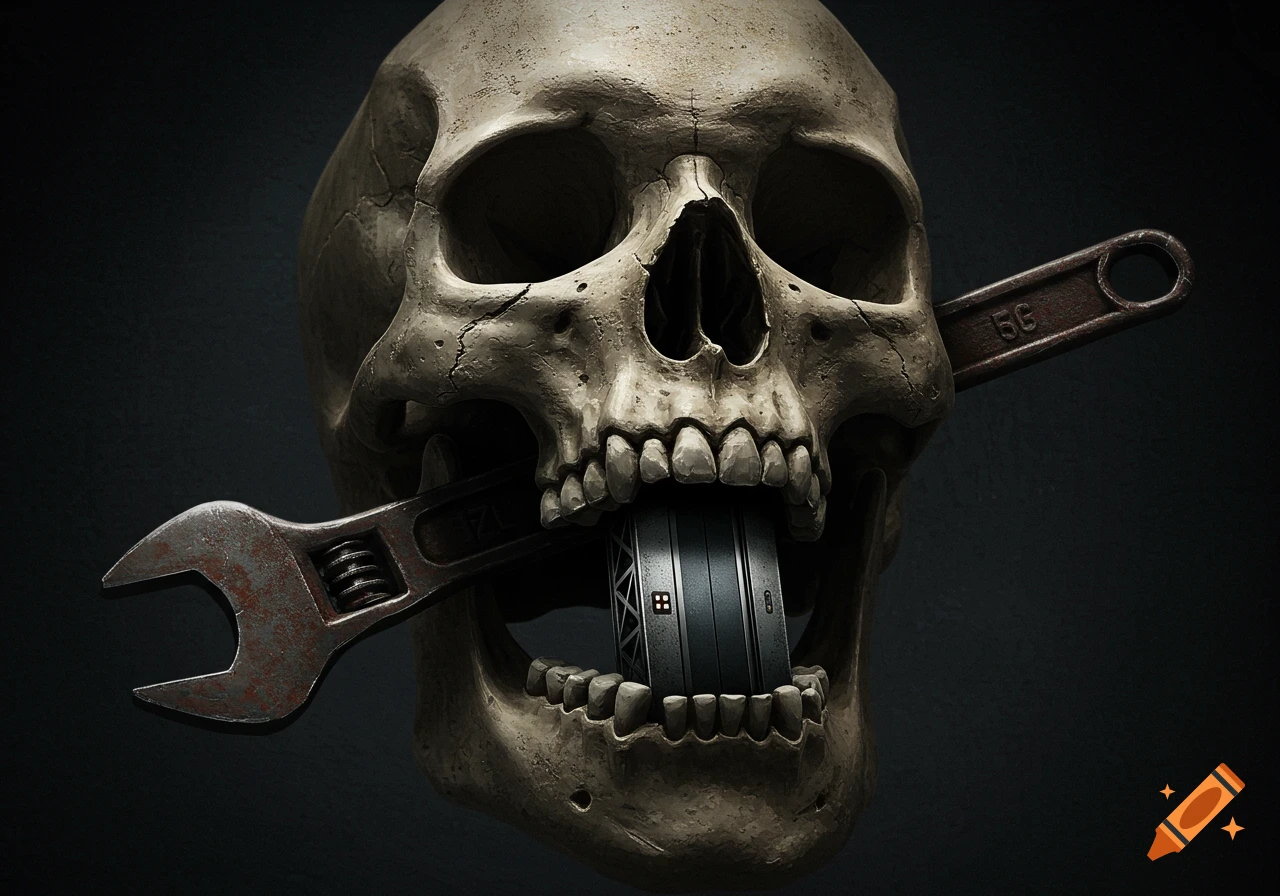 A skull with an open mouth, an old rusty spud wrench piercing its head, and a mechanical cylinder held within its teeth.