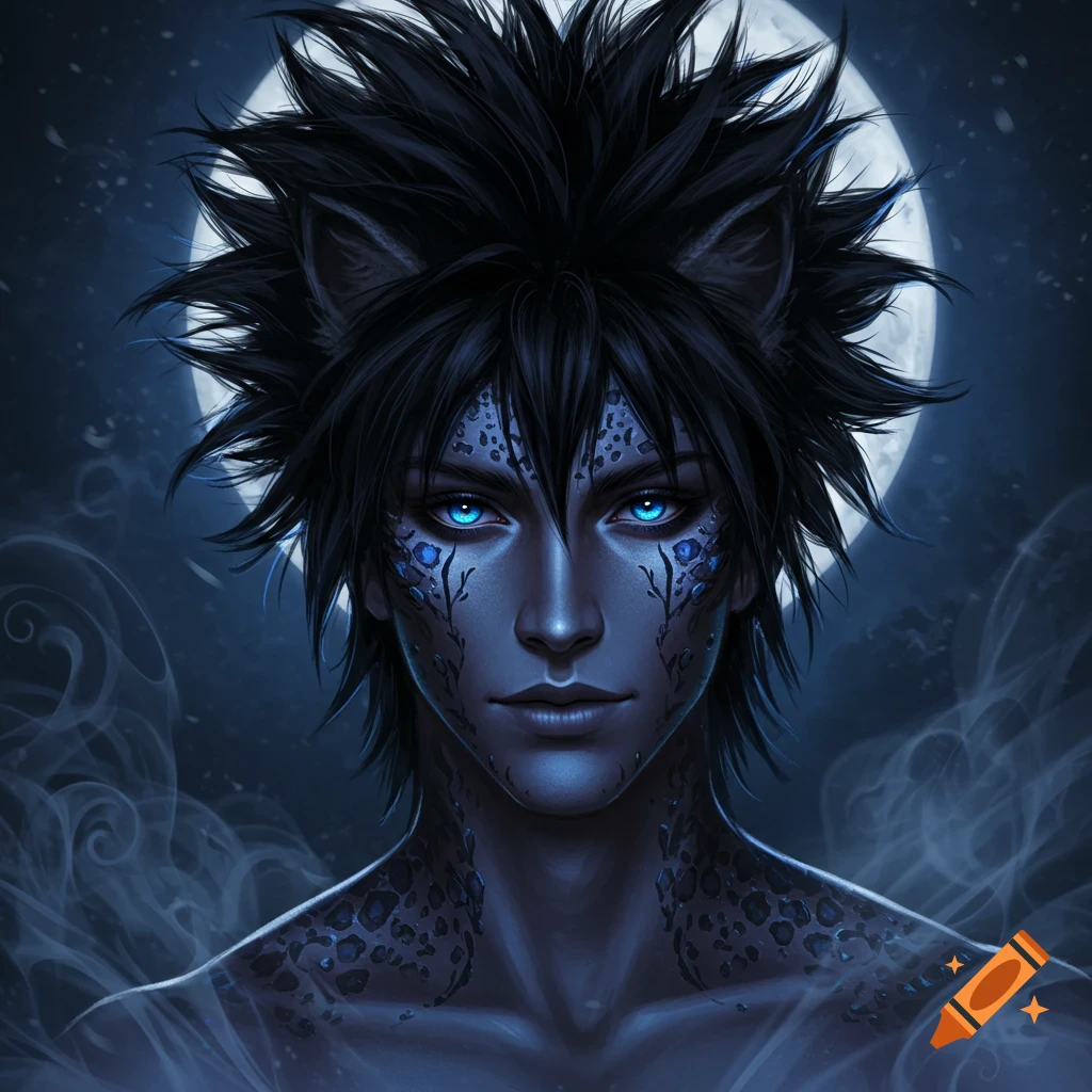 A male fantasy character with black spiky hair, glowing blue eyes, leopard ears, and blue scales on his face and body, against a full moon.