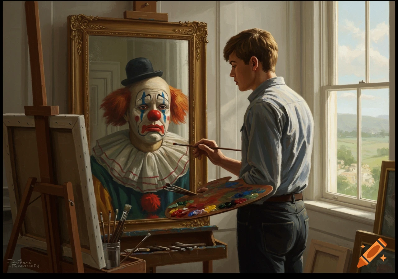 A young man in a blue shirt paints his self-portrait, seeing a sad clown reflected in the mirror instead of himself, in a Norman Rockwell style.