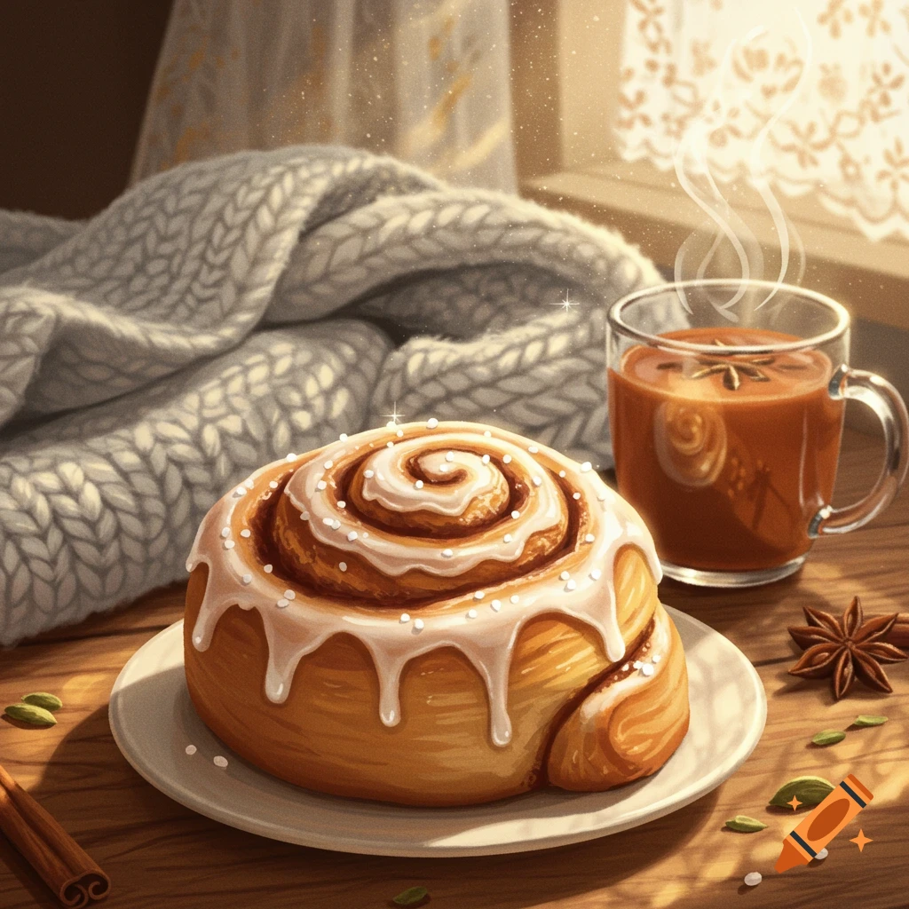 A warm cinnamon roll with white icing and sprinkles next to a steaming chai tea mug on a wooden table with spices.