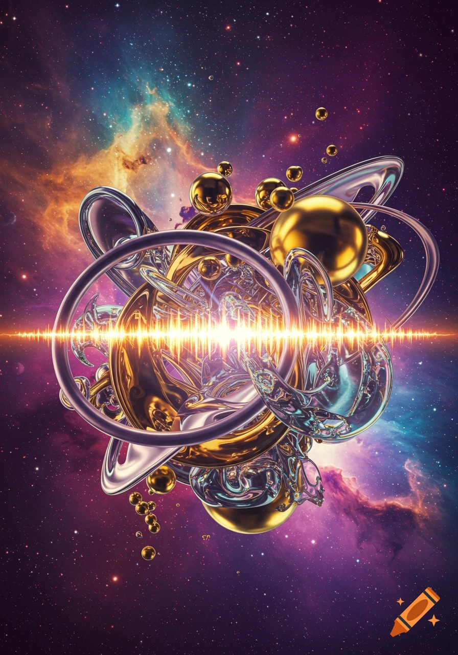 An abstract composition of metallic and glass spheres and rings with a golden light beam in a colorful nebula.