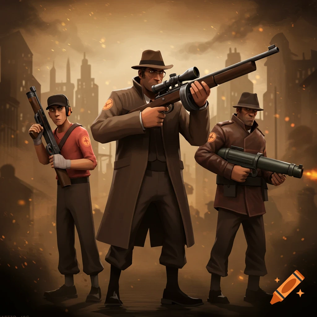 Three stylized male characters from Team Fortress 2 stand in a sepia-toned cityscape, holding large weapons in a mafia poster style.