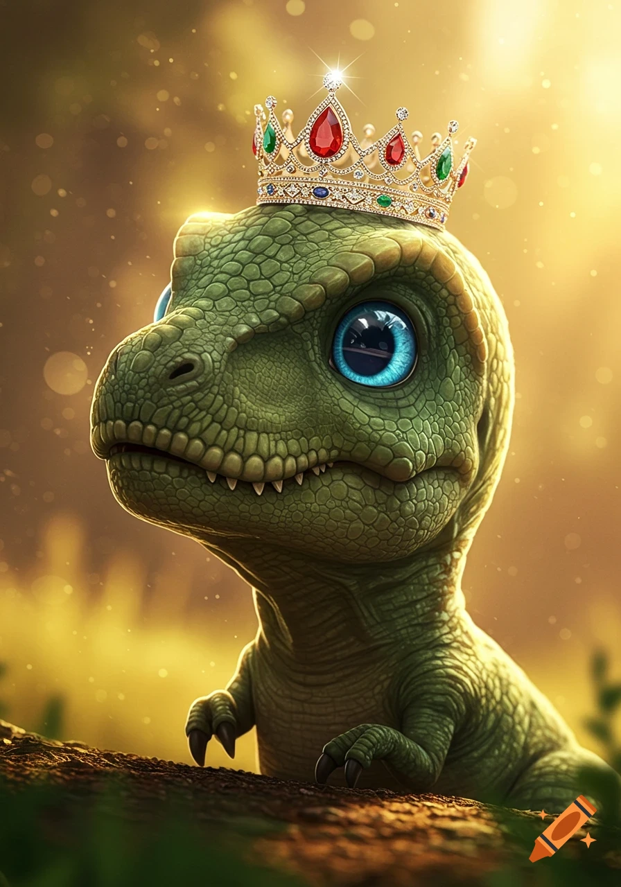 A cute baby T-rex with big shiny blue eyes wears a jeweled crown, sparkling in golden sunlight.