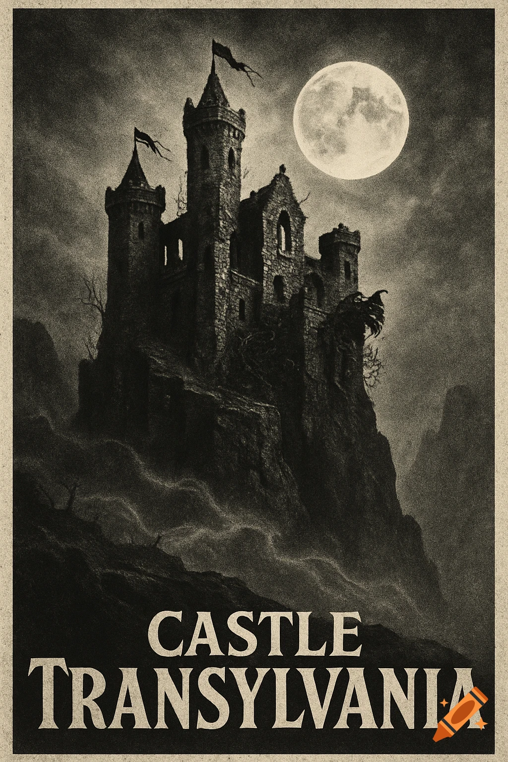 A grainy, black and white vintage poster of a dark gothic castle on a cliff under a full moon, with the text "CASTLE TRANSYLVANIA" at the bottom.